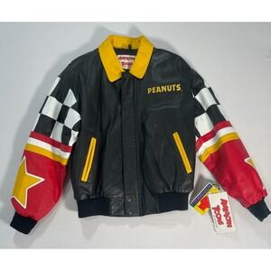 NWT Vintage 90s Snoopy Peanuts Leather Bomber Jacket American Toons Black Size M